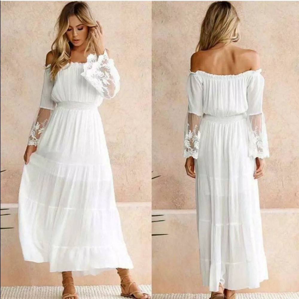 WHITE BOHO LACE MAXI DRESS WITH A BANDEAU NECK - LAST ONE! - Picture 5 of 9